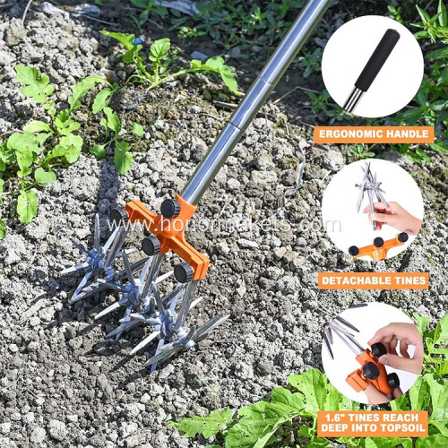 Rotary Cultivator Tool Adjustable garden Hand Tiller with Stainless Steel Pole for Soil Mixing or Reseeding Grass